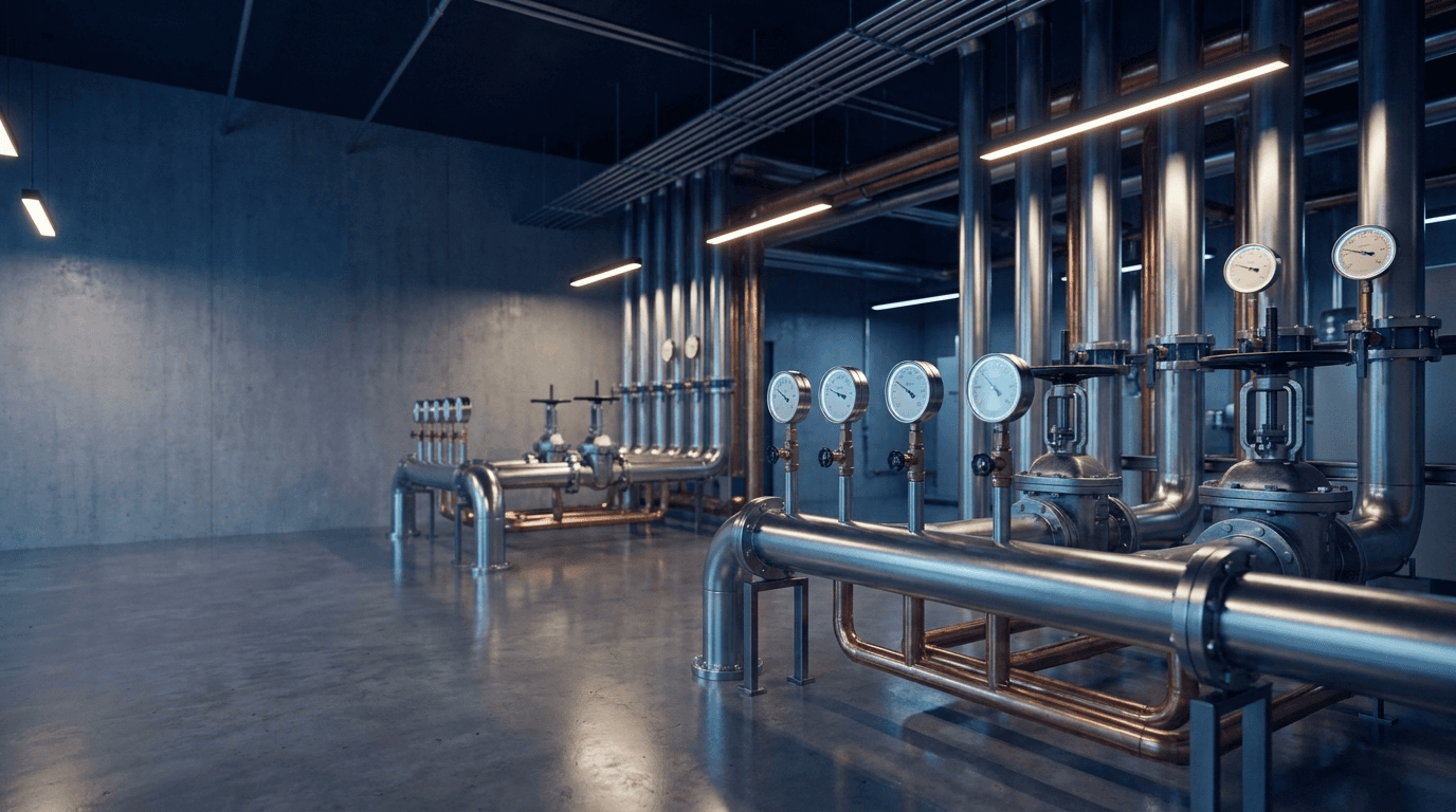Organized commercial mechanical room maintained by Fusion Plumbing