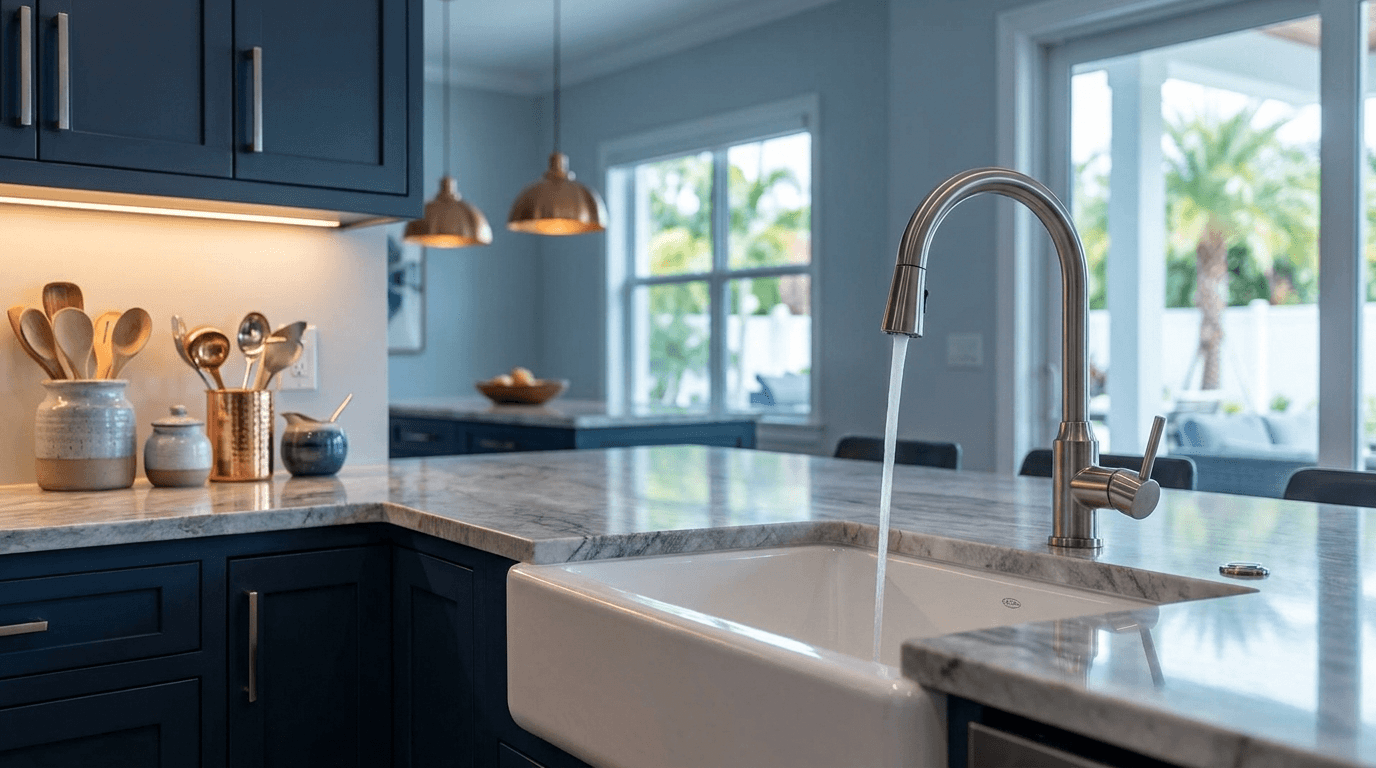 Premium kitchen faucet over a farmhouse sink in a modern kitchen
