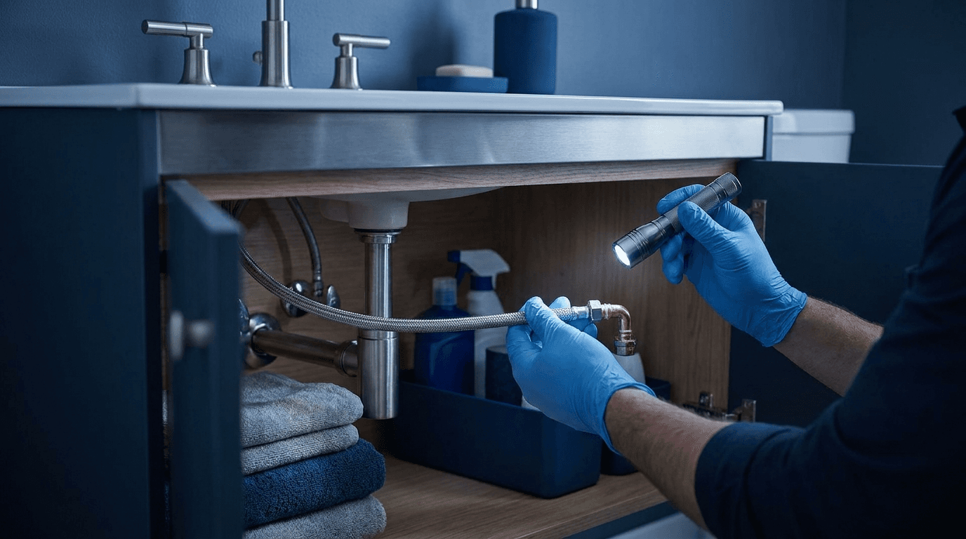 Plumber performing preventive inspection on water heater connections