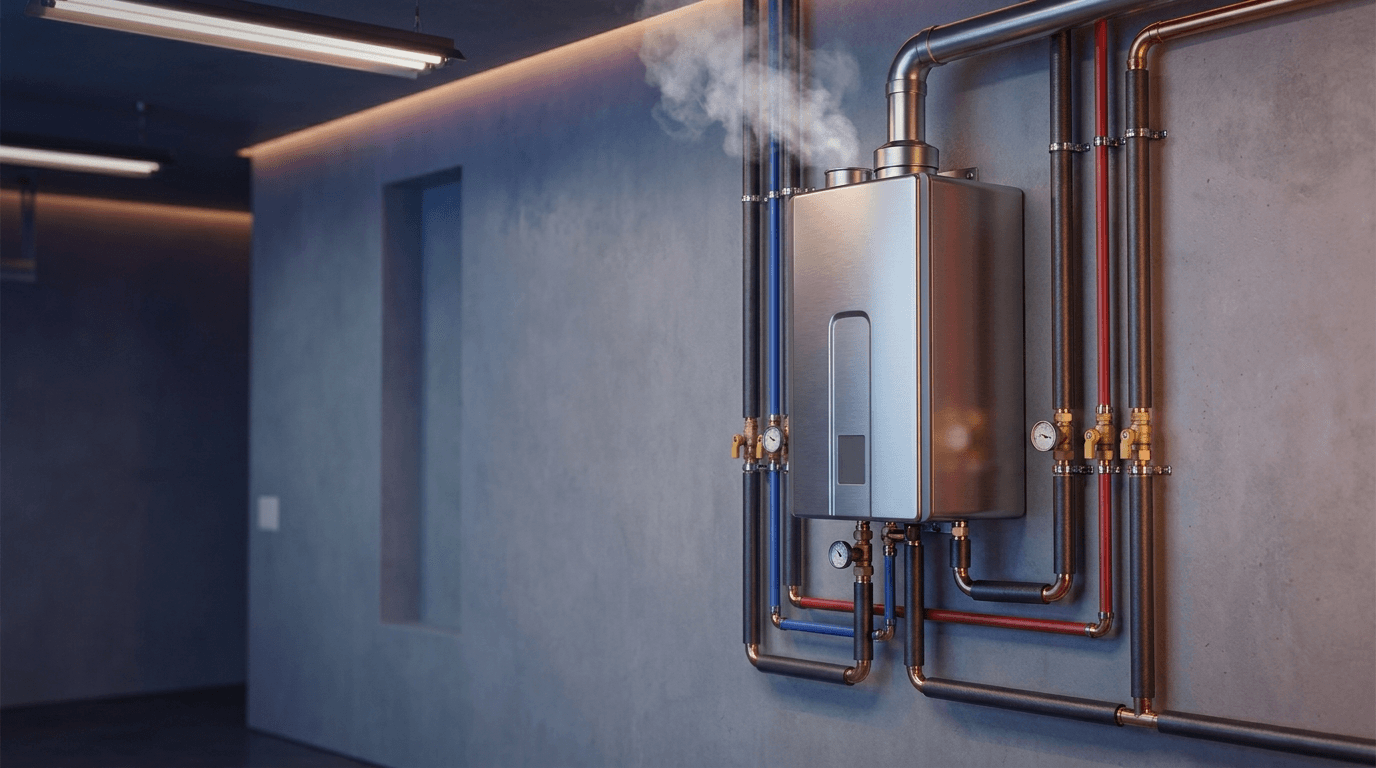 Modern tankless water heater installed on a garage wall